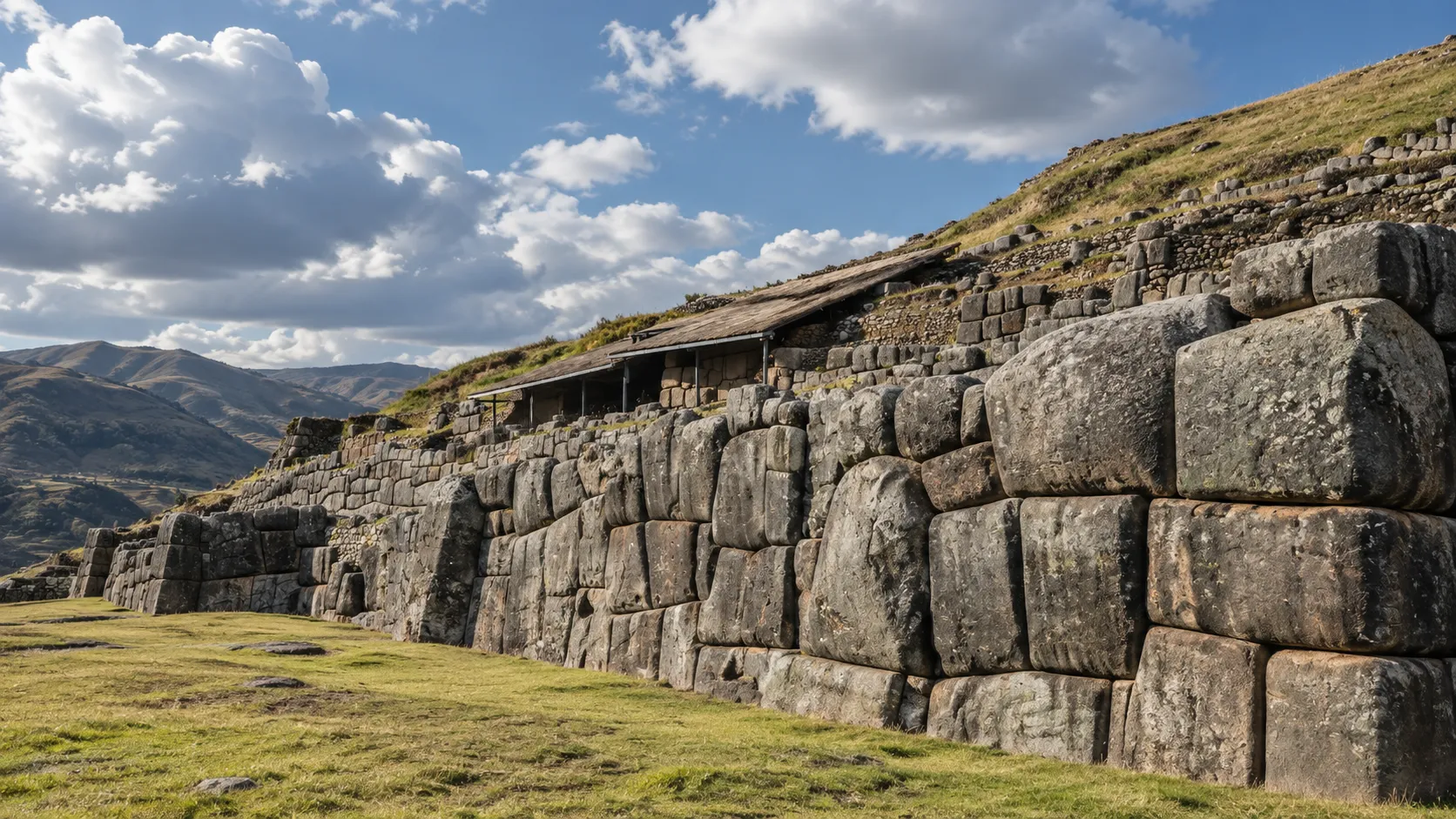 Muralhas megalíticas de Sacsayhuamán sob céu de transição entre temporada seca e de chuvas em Cusco